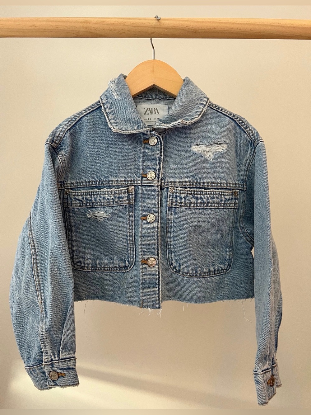 ZARA Light Blue Cropped Distressed Kids Denim Jacket 8-9